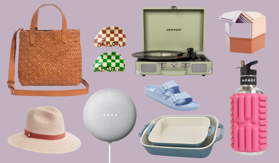 Collection of gifts for mom, including a purse, hat, hair clips, water bottle, record player and more.