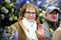 Pasadena Rose Parade Grand Marshal Gabby Giffords and her husband, Sen. Mark Kelly, attend the 134th Rose Parade in Pasadena, Calif., Monday, Jan. 2, 2023. (Sarah Reingewirtz/The Orange County Register via AP)