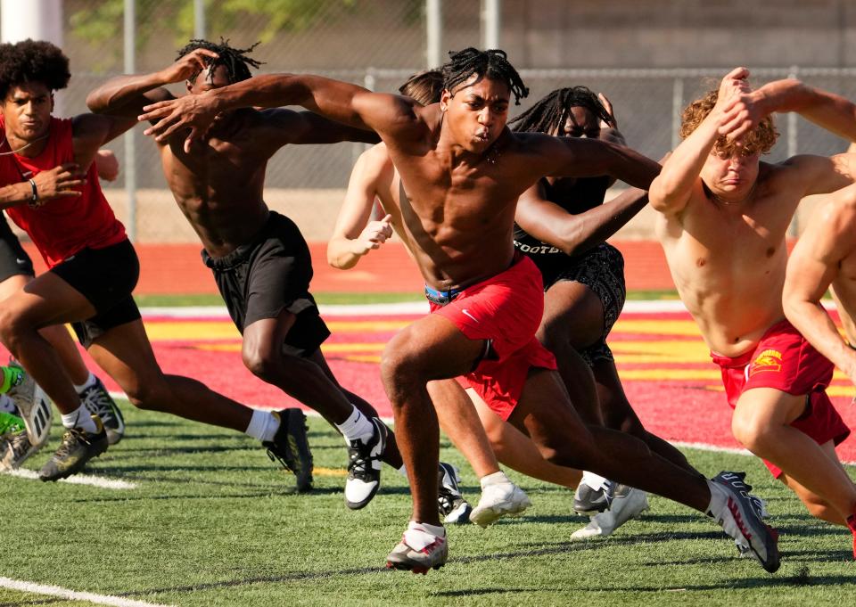 Chaparral quarterback Marcel Jones during conditioning drills at Chaparral High in Scottsdale on July 13, 2023.