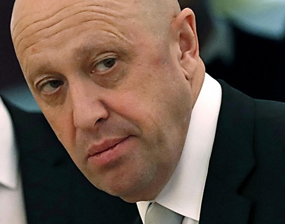 FILE - In this July 4, 2017 file photo, Russian businessman Yevgeny Prigozhin is shown prior to a meeting of Russian President Vladimir Putin and Chinese President Xi Jinping in the Kremlin in Moscow, Russia. (Sergei Ilnitsky/Pool Photo via AP, File)