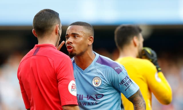 Gabriel Jesus appeals to referee Michael Oliver after his goal is ruled out 