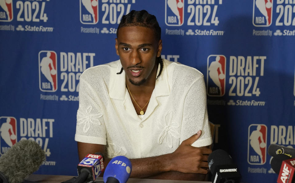 Alexandre Sarr, French professional basketball player who last played for the Perth Wildcats of the Australian National Basketball League, meets the press during a press preview for the 78th edition of the NBA's annual draft at the Lotte New York Palace in New York, on June 25, 2024. The draft will be held June 26 and June 27, 2024. (Photo by TIMOTHY A. CLARY / AFP) (Photo by TIMOTHY A. CLARY/AFP via Getty Images)