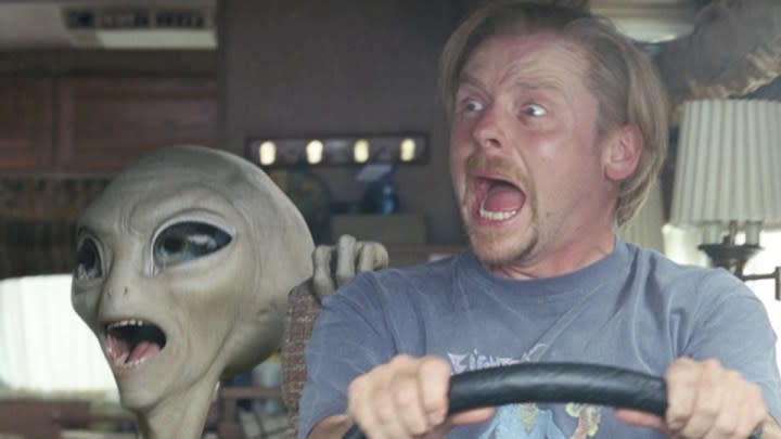 Simon Pegg and a friend in a scene from Paul.