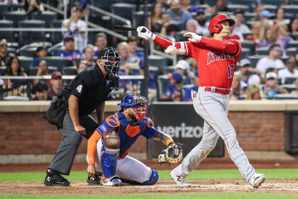 Shohei Ohtani connects for an RBI triple in the second inning of an Aug. 26 game against the Mets at Citi Field.