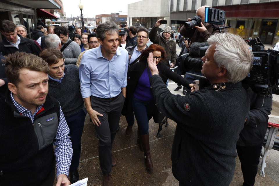 In this March 14, 2019, photo, former Texas congressman Beto O'Rourke speaks to reporters after a meet and greet at the Beancounter Coffeehouse & Drinkery in Burlington, Iowa. The contours of the Democratic presidential primary came into clearer focus this week with O’Rourke’s entry into the race. (AP Photo/Charlie Neibergall)