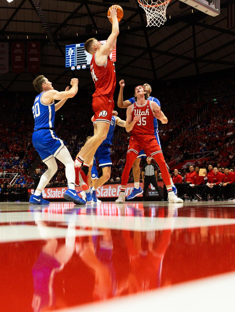 Utah Utes center Lawson Lovering (34) shoots the ball during a men’s basketball game against the Brigham Young Cougars at the Jon M. Huntsman Center in Salt Lake City on Saturday, Dec. 9, 2023. | Megan Nielsen, Deseret News