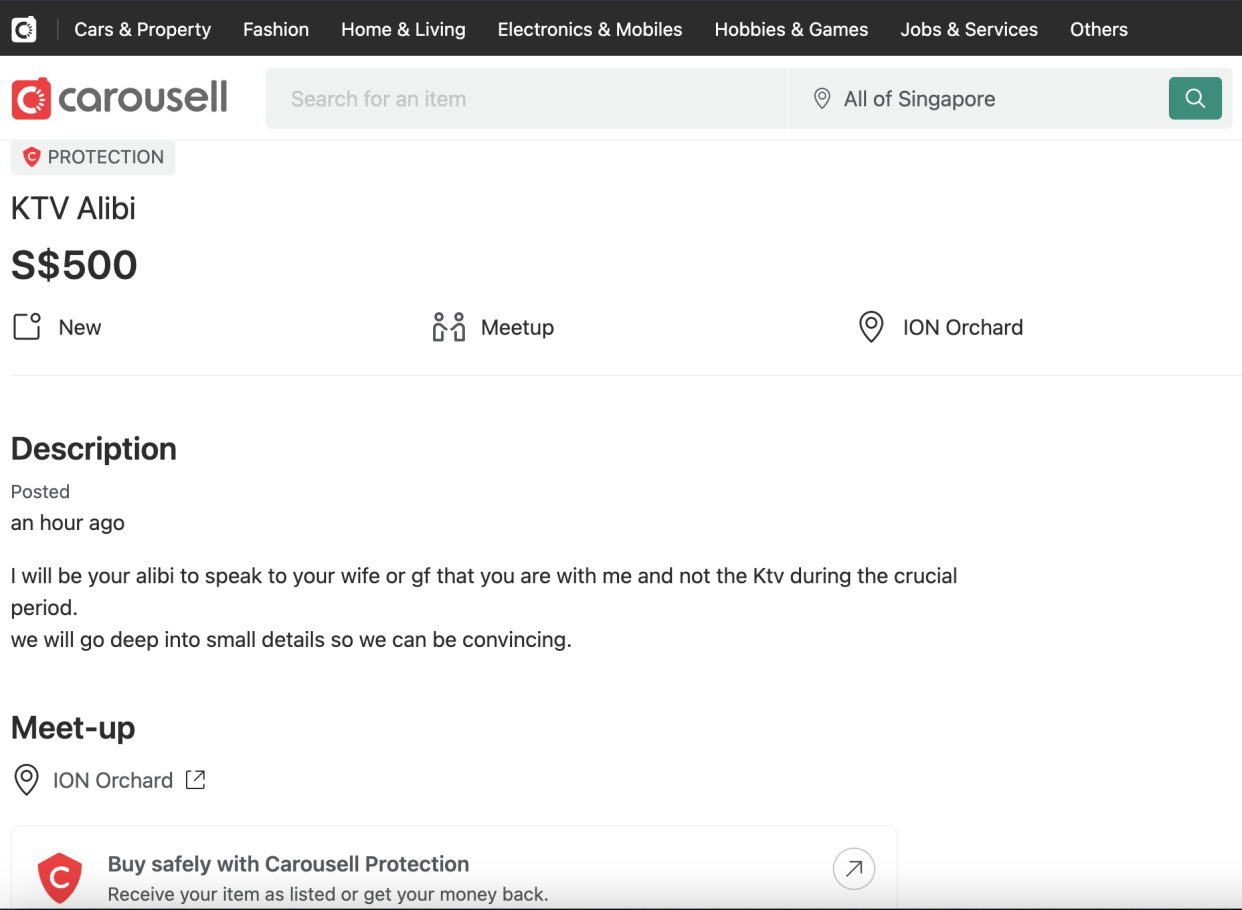 A seller offering KTV alibi service on Carousell. (PHOTO: Screengrab)