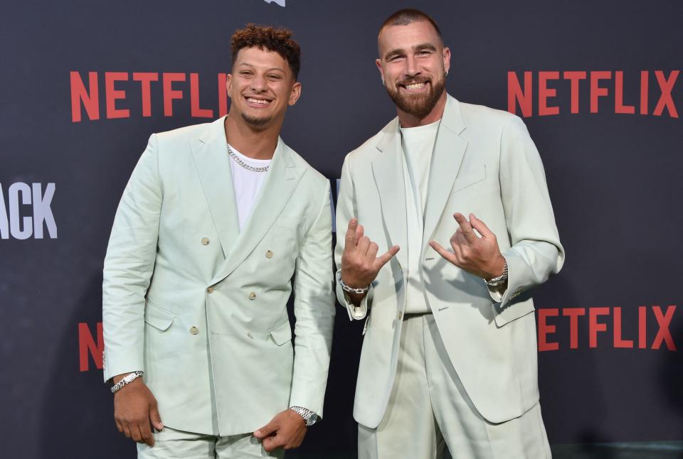 US Kansas City Chief's american football players Patrick Mahomes (R) and Travis Kielce (L) arrive for the premiere of Netflix's docuseries 