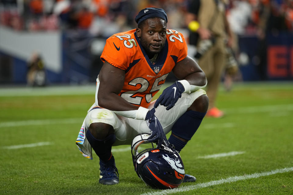 Denver Broncos running back Melvin Gordon III (25) reacts after losing an NFL football game to the Indianapolis Colts, Thursday, Oct. 6, 2022, in Denver. The Colts defeated the Broncos 12-9 in overtime. (AP Photo/Jack Dempsey)