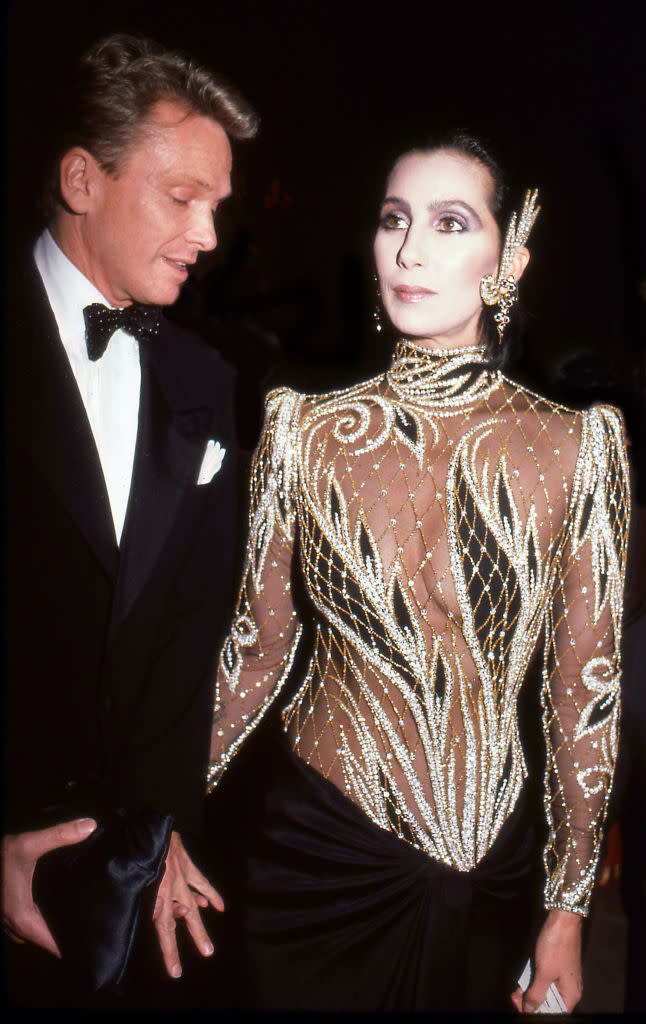 Bob Mackie and Cher at the 1985 Met Gala, red carpet, Vogue, Diana Vreeland, Metropolitan Museum of Art