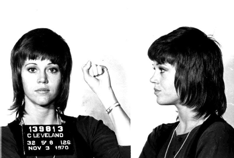 Actress Jane Fonda is shown in a Nov. 3, 1970 police mugshot after she was arrested for assault and battery in Cleveland, Ohio after she allegedly kicked a cop. All charges were later dropped. This photo is included in the book, "Mug Shots: Celebrities Under Arrest.