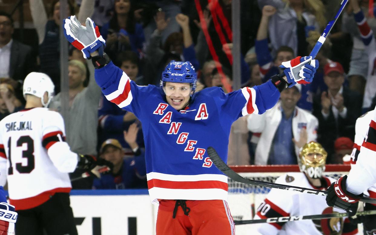 NEW YORK, NEW YORK - APRIL 15: Artemi Panarin #10 of the New York Rangers celebrates his third period goal against the Ottawa Senators at Madison Square Garden on April 15, 2024 in New York City. The Rangers shut out the Senators 4-0.