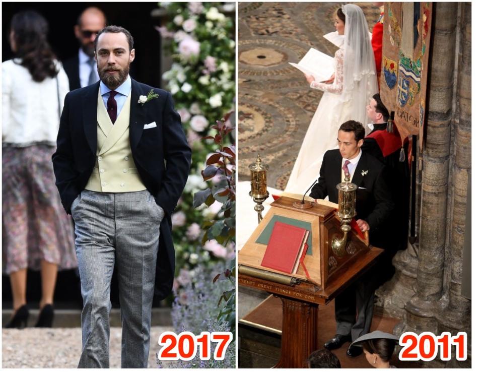 James Middleton attending Pippa Middleton's wedding (left) and Kate Middleton's wedding (right).