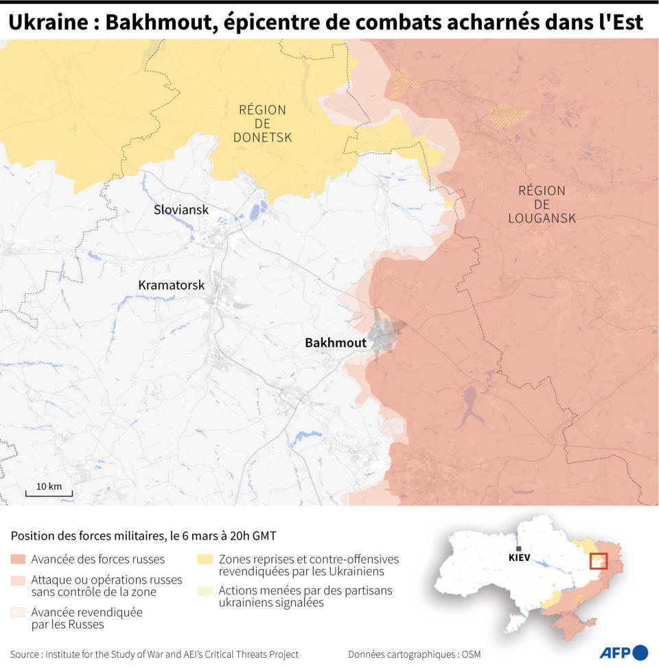 Carte de la ligne de front autour de la ville de Bakhmout, dans l’oblast de Donetsk, que les forces russes cherchent à prendre pour conquérir plus de villes dans l’est de l’Ukraine. 