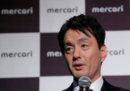 Mercari Inc. CEO Shintaro Yamada speaks during a news conference after a ceremony to mark the company's debut on the Tokyo Stock Exchange in Tokyo, Japan, June 19, 2018. REUTERS/Kim Kyung-Hoon