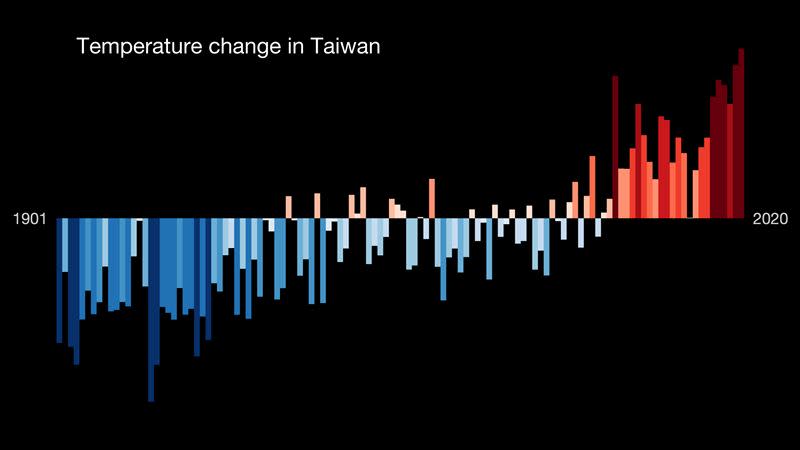 另一張條紋圖更突顯台灣面臨的氣候變遷。（圖／翻攝自showyourstripe官網）