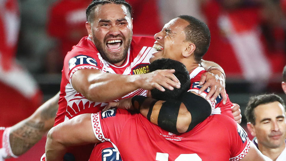 Tonga players, pictured celebrating after defeating Australia for the first time.