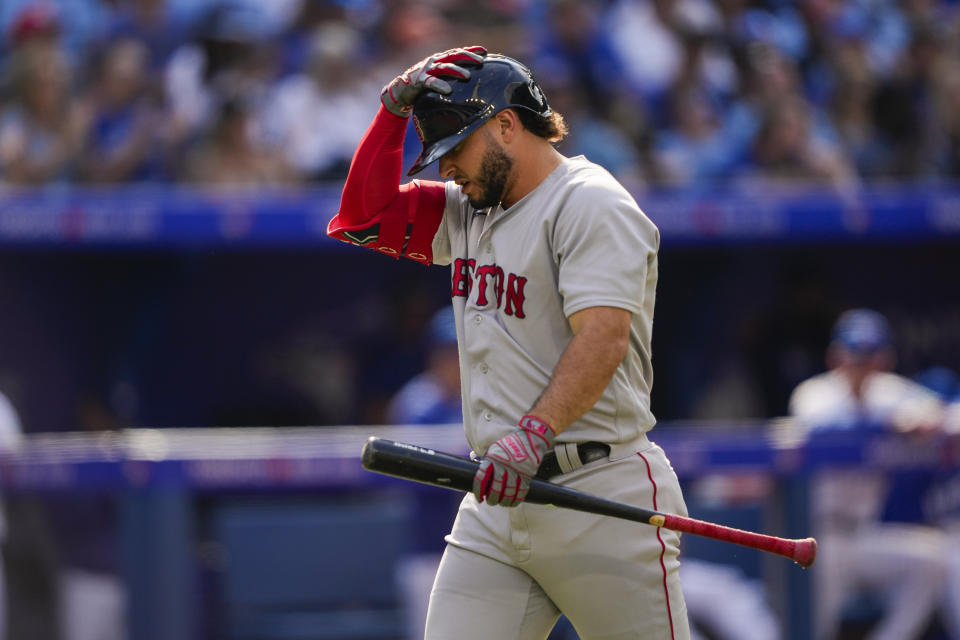 Boston Red Sox's Wilyer Abreu (52) reacts after striking out against the Toronto Blue Jays during the fifth inning of a baseball game in Toronto, Sunday, Sept. 17, 2023. (Andrew Lahodynskyj/The Canadian Press via AP)