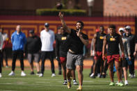 Southern California quarterback Caleb Williams throws during the NCAA college football team's NFL Pro Day, Wednesday, March 20, 2024, in Los Angeles. (AP Photo/Ryan Sun)