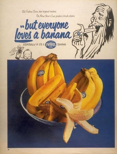 A vintage ad showing unpeeled bananas and one peeled one in a bowl, with the text "Old Father Time, the legend states, on New Year's Eve prefers fresh dates, but everyone loves a banana!"