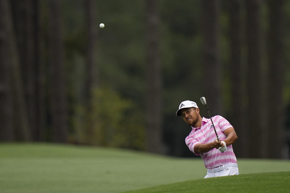 Xander Schauffele hits on the eighth fairway during the third round of the Masters golf tournament on Saturday, April 10, 2021, in Augusta, Ga. (AP Photo/Matt Slocum)