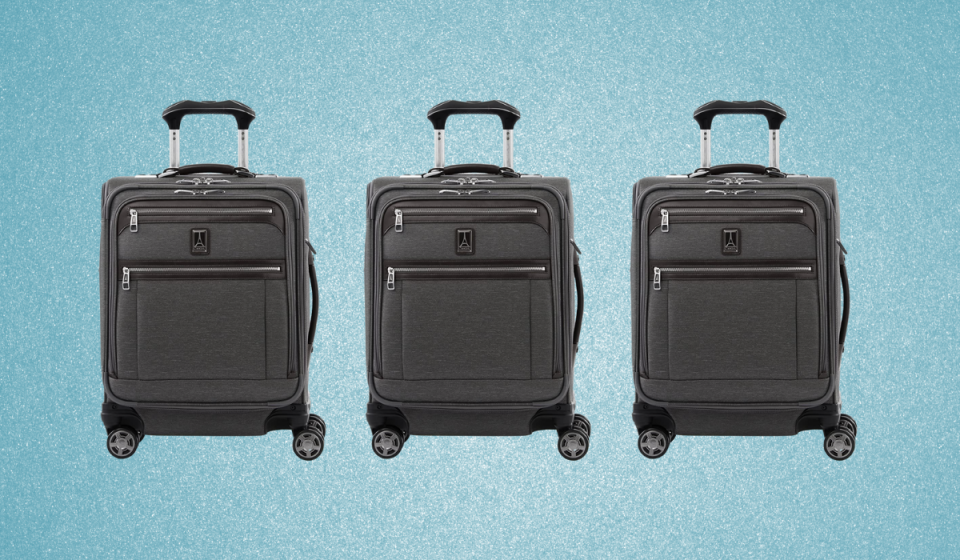 Three Travelpro 19-inch Platinum Elite suitcases in grey.