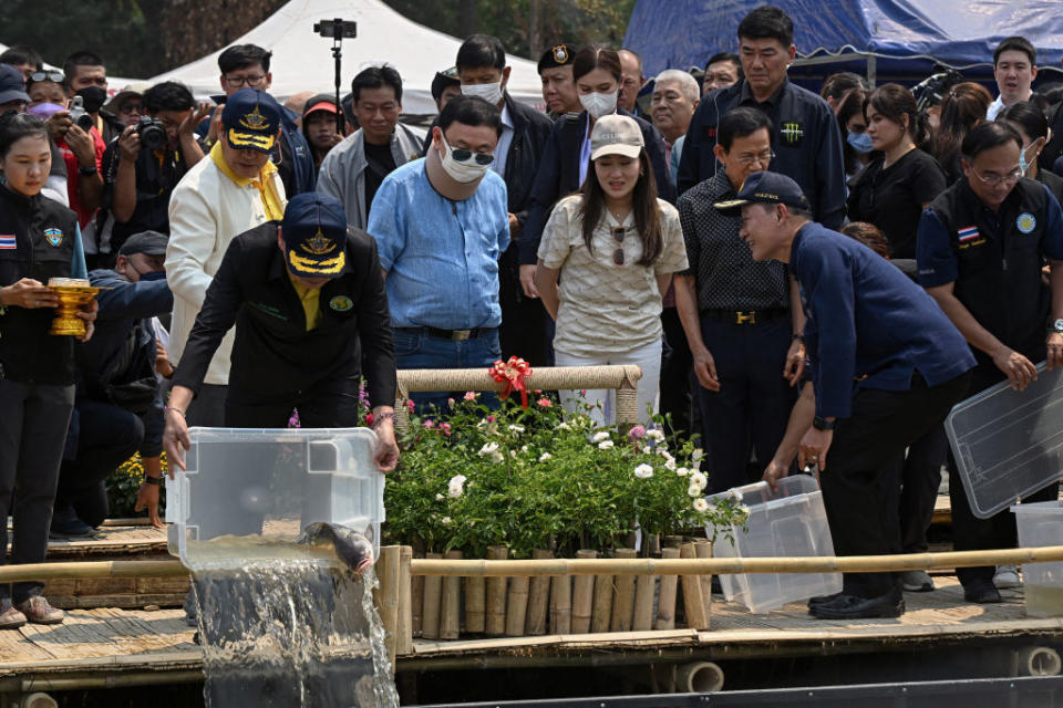 Thaksin Shinawatra and his daughter Paetongtarn Shinawatra watch as fish are released into a lake near during a visit to Chiang Mai on March 14, 2024.<span class="copyright">Lillian Suwanrumpha—AFP/Getty Images</span>