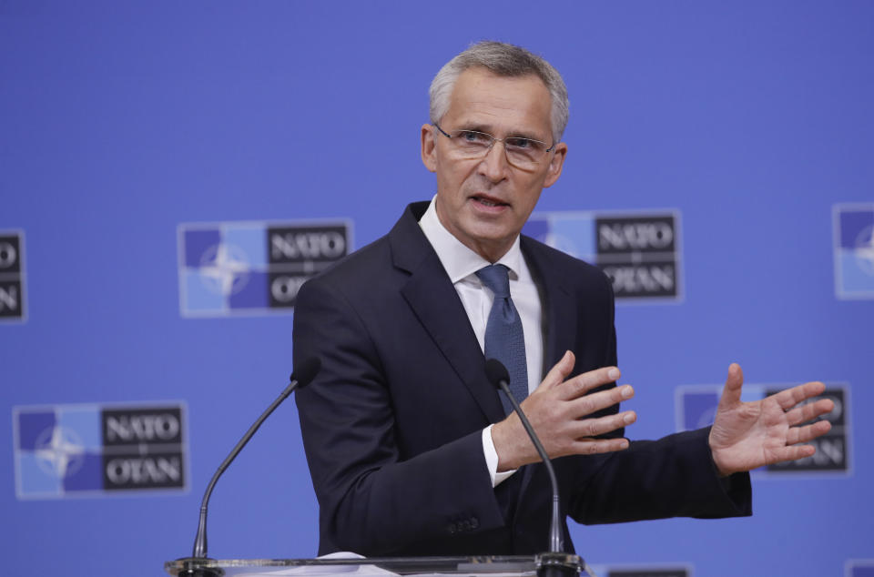 NATO Secretary General Jens Stoltenberg speaks during a press briefing ahead to an online NATO Foreign and Defense Ministers' meeting at the NATO headquarters in Brussels, Monday, May 31, 2021. (Olivier Hoslet/Pool Photo via AP)