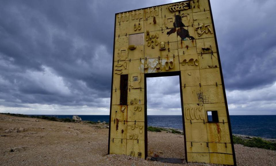 The ‘Door of Europe’ (Porta d’Europa) was wrapped by vandals in plastic bags.