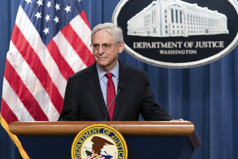 FILE - Attorney General Merrick Garland speaks during a news conference at Department of Justice headquarters in Washington, March 21, 2024. The Justice Department is blasting Republicans’ effort to hold Garland in contempt over his refusal to turn over unredacted materials related to the special counsel probe into President Joe Biden’s handling of classified documents, according to a letter obtained Monday, April 8, by The Associated Press. (AP Photo/Jose Luis Magana, File)