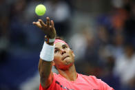 <p>Rafael Nadal of Spain serves to Dusan Lajovic of Serbia & Montenegro during their first round Men’s Singles match on Day Two of the 2017 US Open at the USTA Billie Jean King National Tennis Center on August 29, 2017 in the Flushing neighborhood of the Queens borough of New York City. (Photo by Elsa/Getty Images) </p>