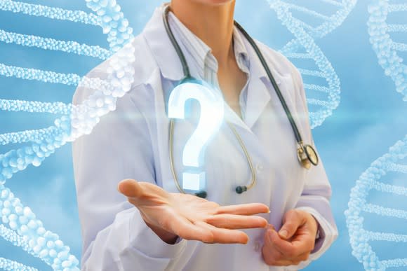Physician with stethoscope around her neck holding palm out with a question mark appearing over it and cloudy wisps in the shape of DNA helixes in the background