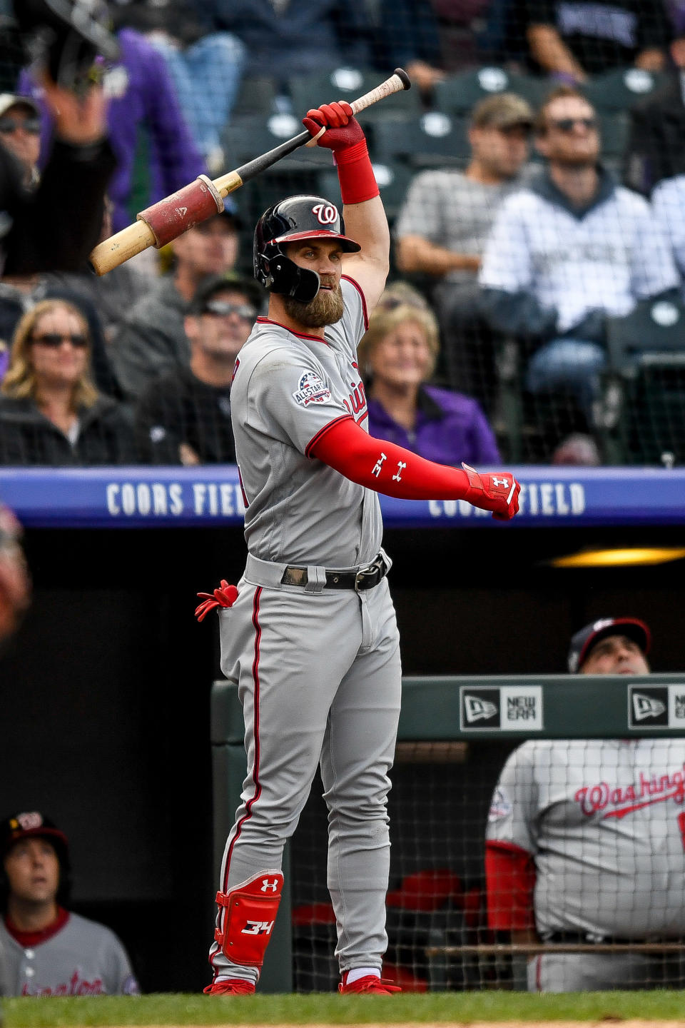 DENVER, CO – SEPTEMBER 30: Bryce Harper #34 of the Washington Nationals warms up in the on deck circle before batting against the Colorado Rockies in the ninth inning of a game at Coors Field on September 30, 2018 in Denver, Colorado. (Photo by Dustin Bradford/Getty Images)