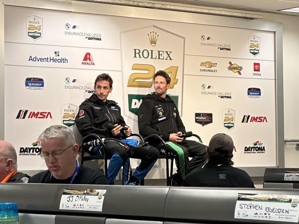 filipe albuquerque and romain grosjean at a media briefing