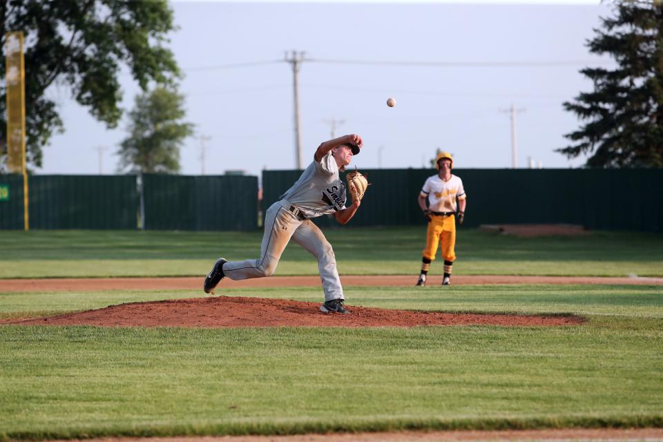 Aberdeen pitcher Drew Salfrank hurls a pitch toward home plate Monday night in Redfield. The Smittys play in the Dakota Classic tournament this weekend in the Sioux Falls area.