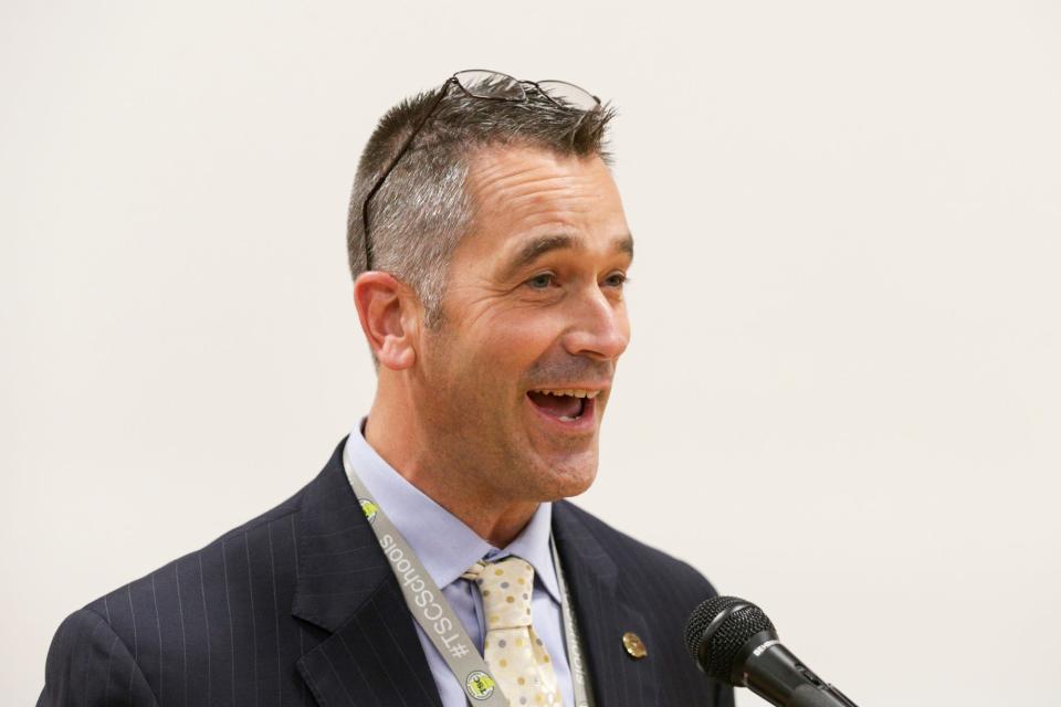 Dr. Scott Hanback speaks during a ceremony announcing Sharita Ware, an engineering and technology education teacher at East Tipp Middle School, as the 2022 Indiana Teacher of the Year, Tuesday, Oct. 26, 2021 in Lafayette.