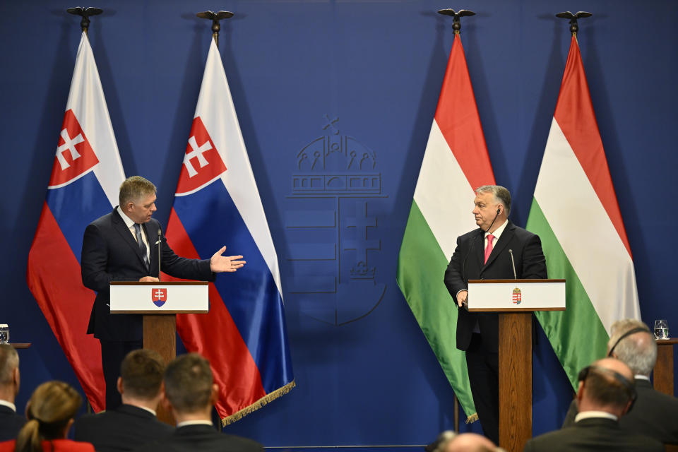 Slovakia's Prime Minister Robert Fico speaks during a press conference with Hungary's Prime Minister Viktor Orban at the Carmelite Monastery in Budapest, Hungary, Tuesday, Jan. 16, 2024. (AP Photo/Denes Erdos)