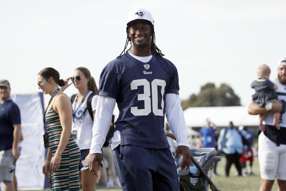 IRVINE, CALIFORNIA - JULY 30: Todd Gurley #30 of the Los Angeles Rams is seen on the sidelines during training camp on July 30, 2019 in Irvine, California. (Photo by Josh Lefkowitz/Getty Images)