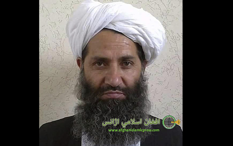 FILE - In this undated and unknown location photo, the new leader of Taliban fighters, Mullah Haibatullah Akhundzada is photographed. Messages by two influential Taliban leaders in Afghanistan this week showed tensions between hardliners and more moderate elements who want to scrap harsher policies and attract more outside support, experts said Thursday, April 11, 2024. (Afghan Islamic Press via AP, File)