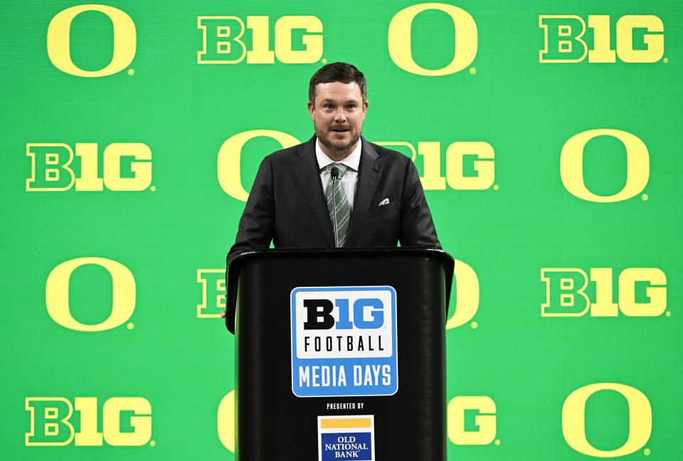 Oregon Ducks head coach Dan Lanning speaks to the media during the Big Ten football media day at Lucas Oil Stadium.