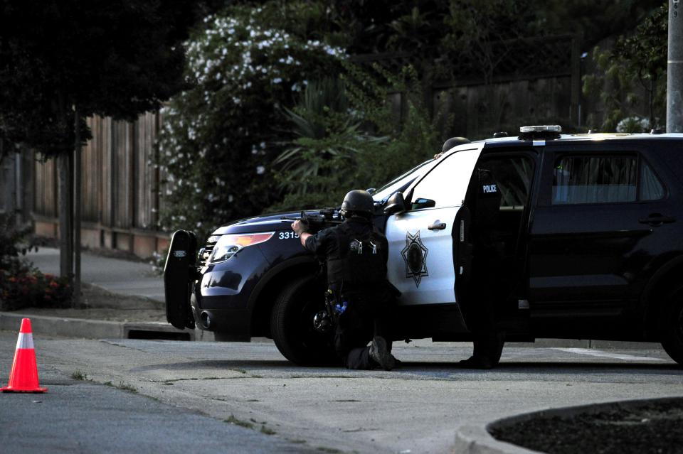 CALIFORNIA, USA - JULY 28 : Sniper takes aim on a house where police thought one of the shooters from mass shooting at the Gilroy Garlic festival might have been in Gilroy, California on July 28, 2019. At least three people were killed on Sunday in an ongoing shooting at a festival in northern California, according to a local official.   (Photo by Neal Waters/Anadolu Agency via Getty Images)