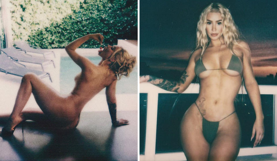 L: Naked Iggy Azalea eating a cherry by the pool. R: Iggy Azalea in a skimpy bikini on a balcony