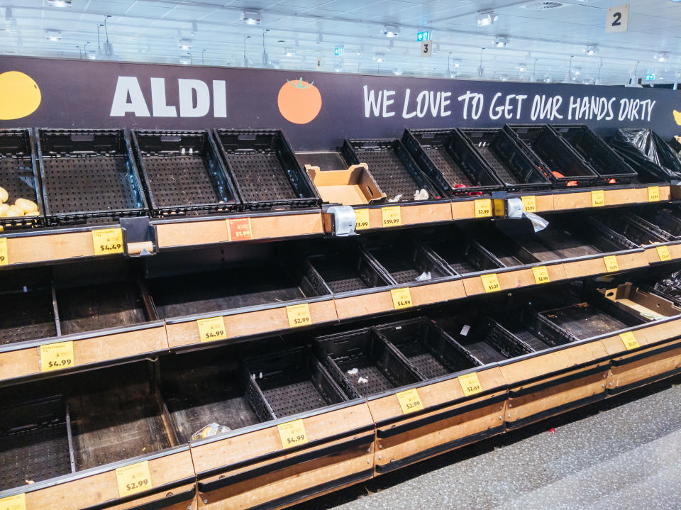 MELBOURNE, AUSTRALIA - JULY 8, 2020: As Melbourne shuts down for a second time, empty fruit and vegetable shelves become common in Australian supermarkets. This is due to the rapid rises in cases of Coronavirus or COVID-19.- PHOTOGRAPH BY Chris Putnam / Barcroft Studios / Future Publishing (Photo credit should read Chris Putnam/Barcroft Media via Getty Images)