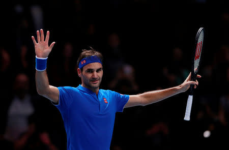 Tennis - ATP Finals - The O2, London, Britain - November 15, 2018 Switzerland's Roger Federer celebrates winning his group stage match against South Africa's Kevin Anderson Action Images via Reuters/Andrew Couldridge