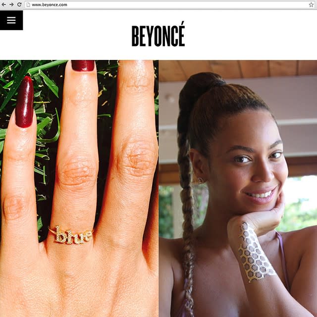 Blue Ivy Carter is already a fashion icon at the tender age of three, and now, her influence even extends to the world of jewelry! <strong>WATCH: Beyonce Celebrates Marriage Equality in a Rainbow Bikini -- Watch the Colorful Video! </strong> Beyonce posted a pic of an adorable custom ring she had designed as a tribute to her daughter, a gold band with diamonds spelling out "blue," to her website on Tuesday. Jewelry designer Jennifer Meyer (who is also wife to actor Tobey Maguire) posted a pic of the website shot to her company’s Instagram page on Wednesday. <strong>PHOTOS: Blue Ivy's Most Adorable Moments</strong> "Pretty awesome ����," Meyer wrote on the pic. "@beyonce featuring her custom JM diamond ‘blue’ ring on Beyoncé.com ���� xo #jennifermeyer #beyonce Styled by the amazing @tytryone ��" Where and when can we get one of our own? <strong>WATCH: Why Blue Ivy Was the Breakout Star of 2014</strong>