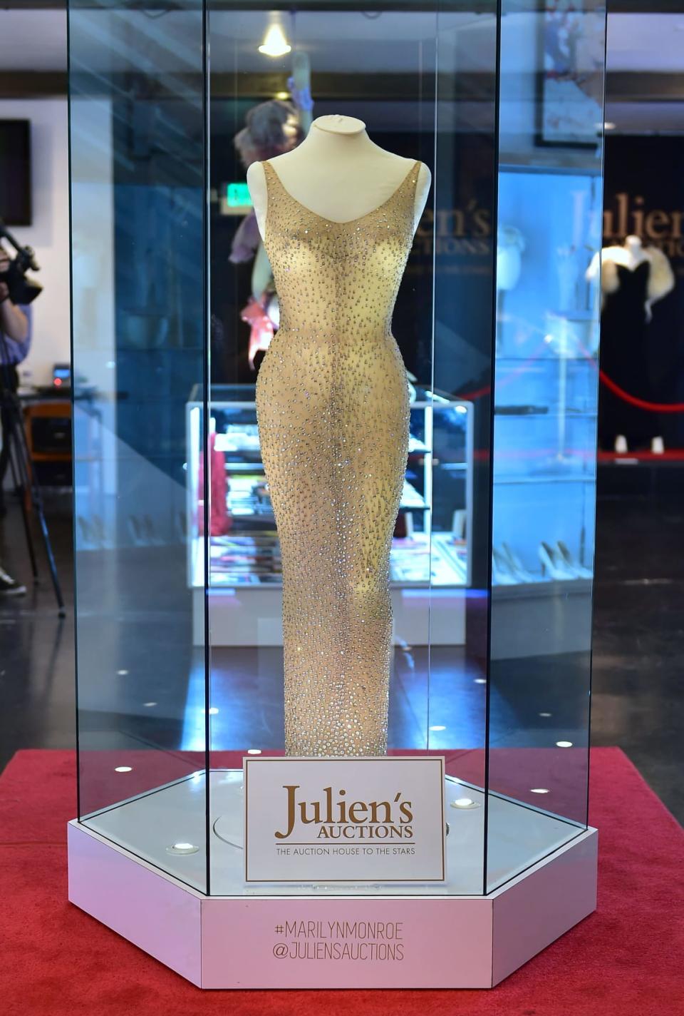 <div class="inline-image__caption"><p>The dress worn by Marilyn Monroe when she sang "Happy Birthday Mr. President" to US President John F. Kennedy in May 1962, is displayed in a glass enclosure at Julien's Auction House in Los Angeles, California on November 17, 2016, ahead of its auction.</p></div> <div class="inline-image__credit">FREDERIC J. BROWN/AFP via Getty Images</div>
