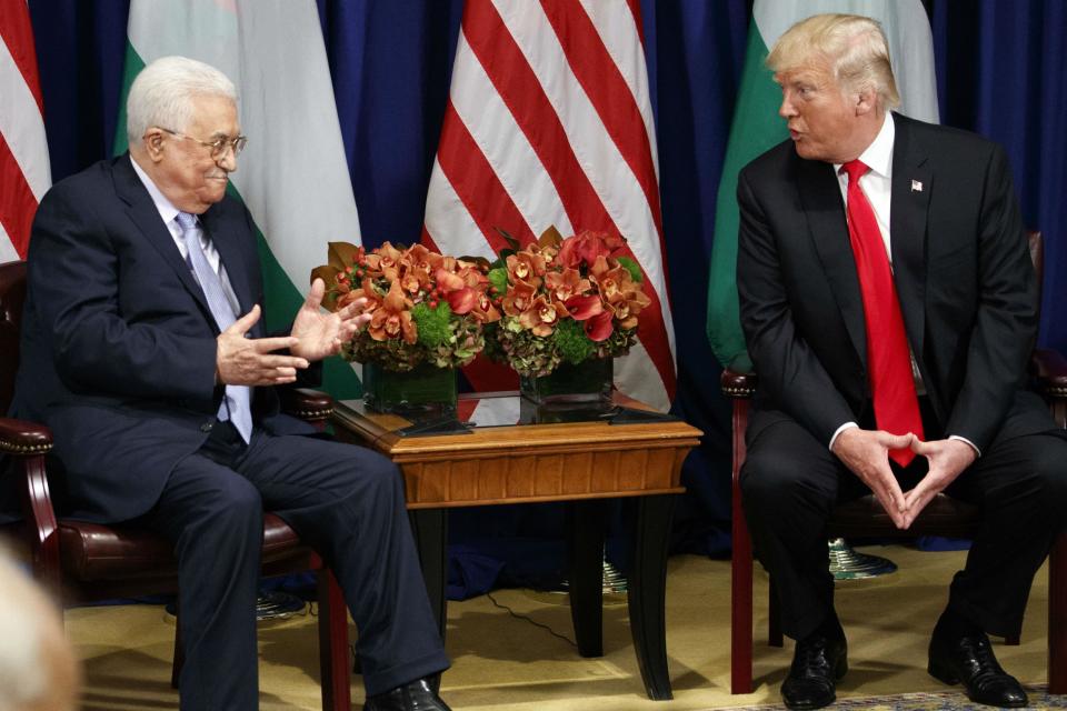 President Donald Trump meets with Palestinian President Mahmoud Abbas at the Palace Hotel during the United Nations General Assembly, Wednesday, Sept. 20, 2017, in New York: AP Photo/Evan Vucci