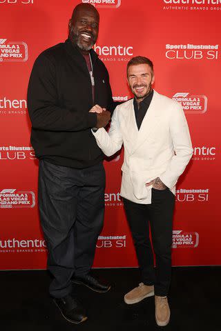 <p>Ethan Miller - Formula 1/Formula 1 via Getty </p> Shaquille O'Neal and David Beckham attend Sports Illustrated Club SI during the F1 Grand Prix of Las Vegas on November 18, 2023 in Las Vegas, Nevada