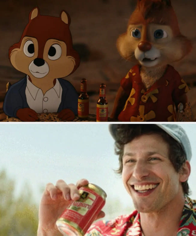 Chip and Dale drinking the same beer as Andy Samberg in "Palm Springs"