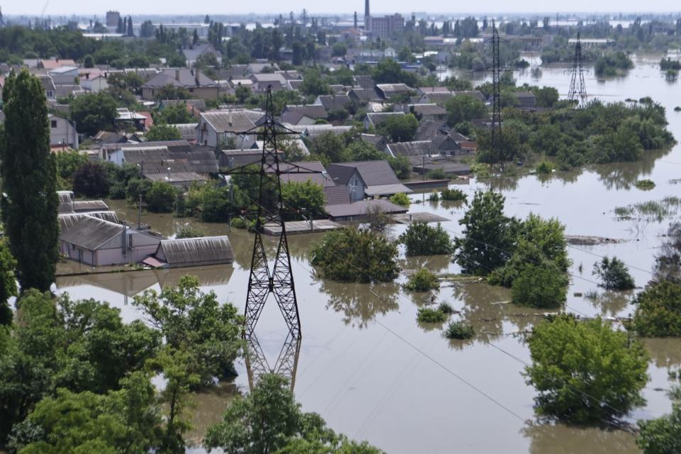 A view from the roof of a residential building in a flooded area of Kherson on June 7, 2023. As a result of Russia's destruction of the Kakhovka Dam, massive swaths of land in the south of Ukraine were flooded. (Yan Dobronosov/Global Images Ukraine via Getty Images)